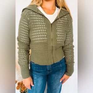 Doe and Rae Cherished Moment Open Knit Zip Up Cardigan Olive Size Large